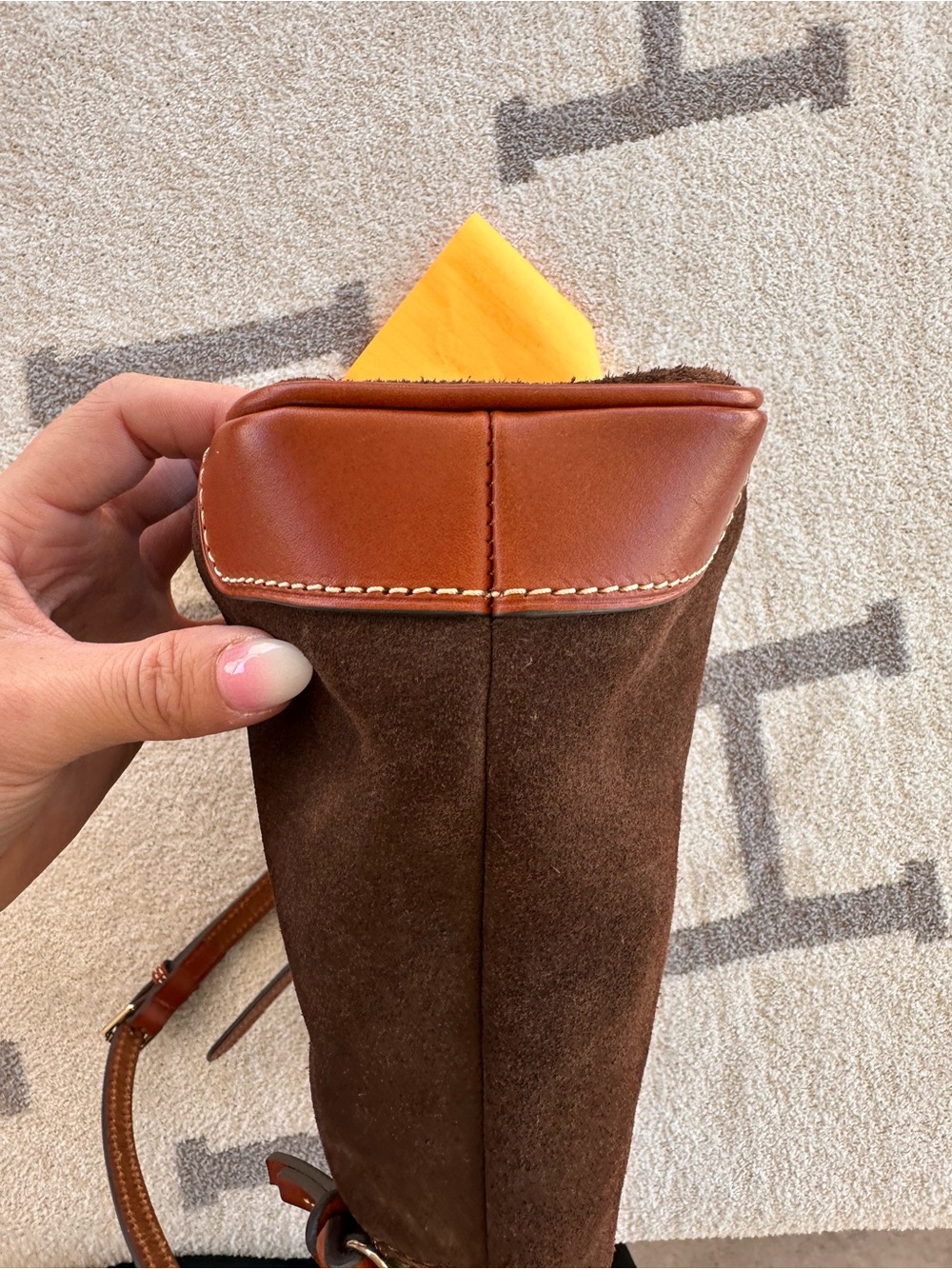Dooney & Bourke Dark Brown Suede Crossbody Bag with Tan Trim - Picture 13 of 15